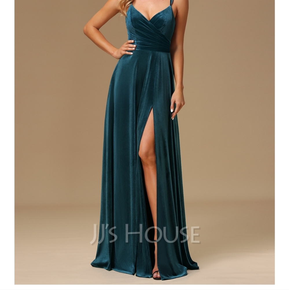 A-line V-Neck Floor-Length Velvet Dress